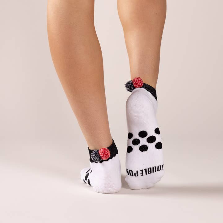 Signature Athletic Ankle Sock w/ Black Trim and Black + Red Confetti Poms for wholesale by Double Pom