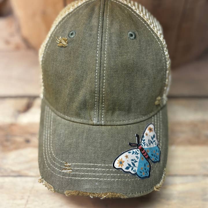 Butterfly Patch Distressed Snapback Mesh Cap for wholesale by The Goat Stock