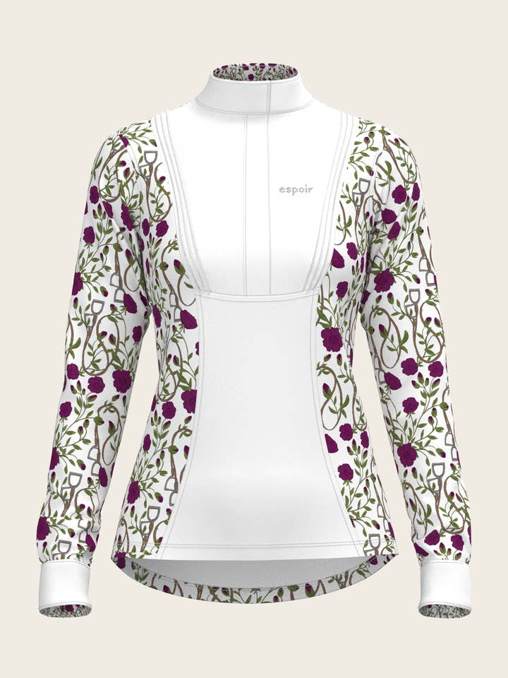 FORMELLES TURNIERSHIRT MAULBEERE AUF WEISSEM LANGARM FS3066 für den Großhandel von Espoir Equestrian