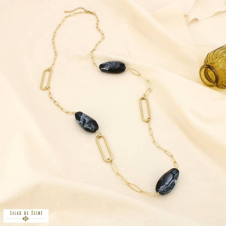 Collier sautoir acier résine marbré maille allongée 0125570 pour la vente par Lilas de Seine