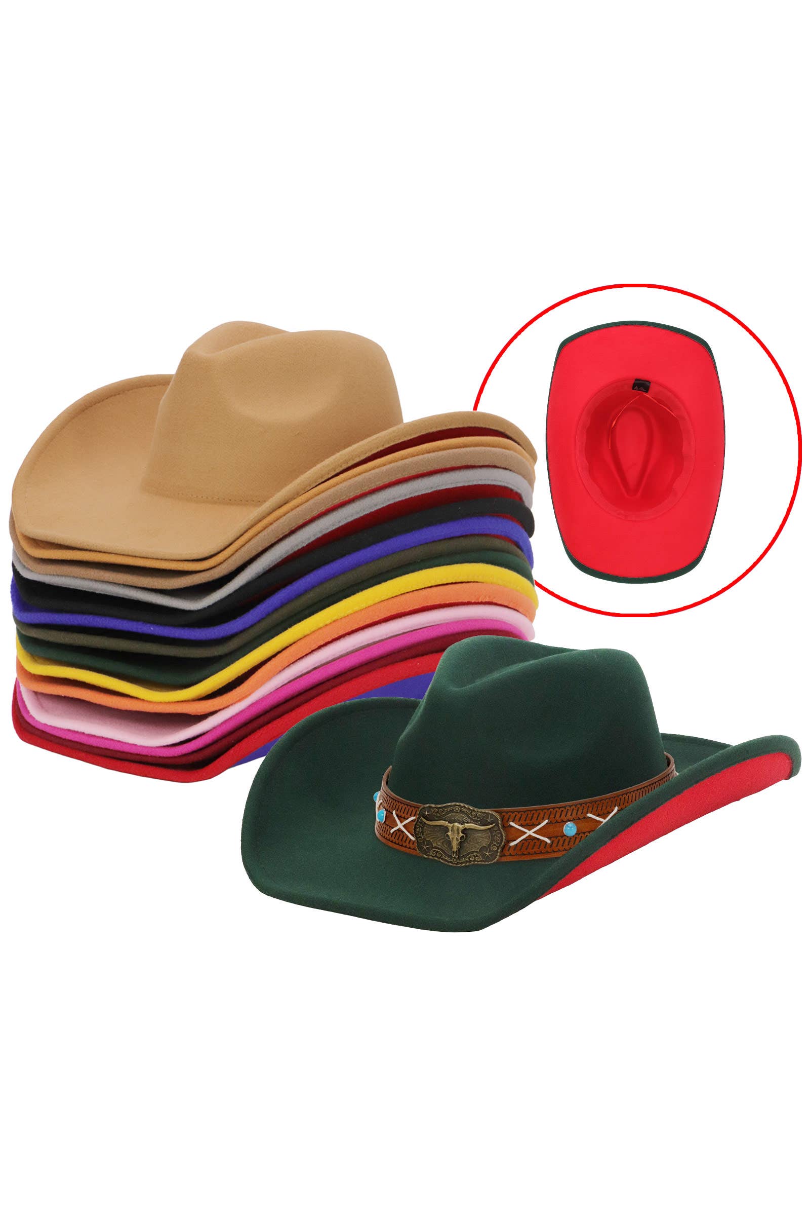 Cap Zone - Wholesale Cowboy Hat - Unisex - Longhorn Stitch Belt Two Tone Felt Cowboy Hat16