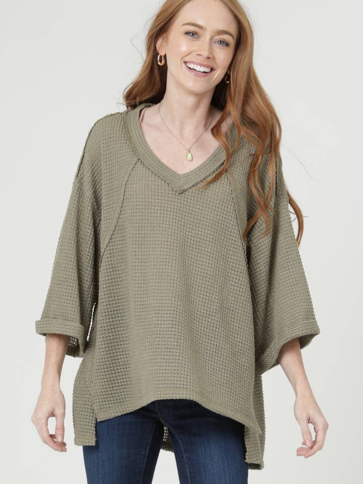 XHS77-ASIS WAFFLE KNIT V NECK HI LO EASY FIT TUNIC for wholesale by ANGIE