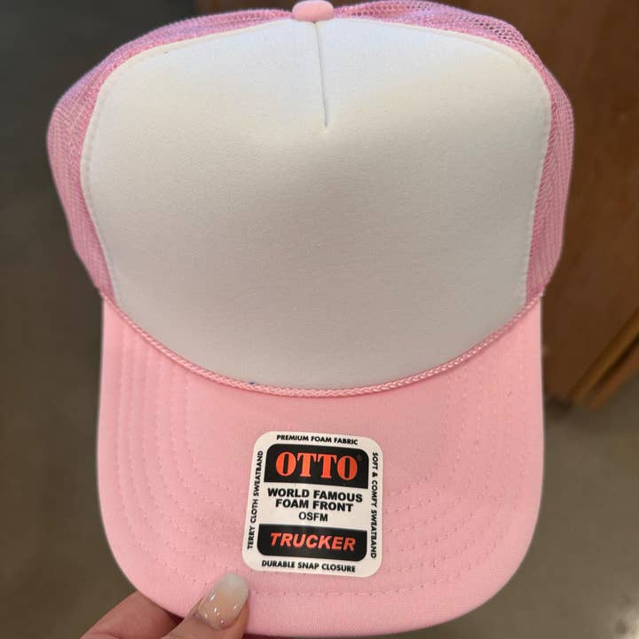 Otto Blank Trucker Hat, DIY Hat for Patches, Pink & White Foam Trucker Hat, Mesh Back, Snap Back Hat Cap for wholesale by The Sterling Gypsy