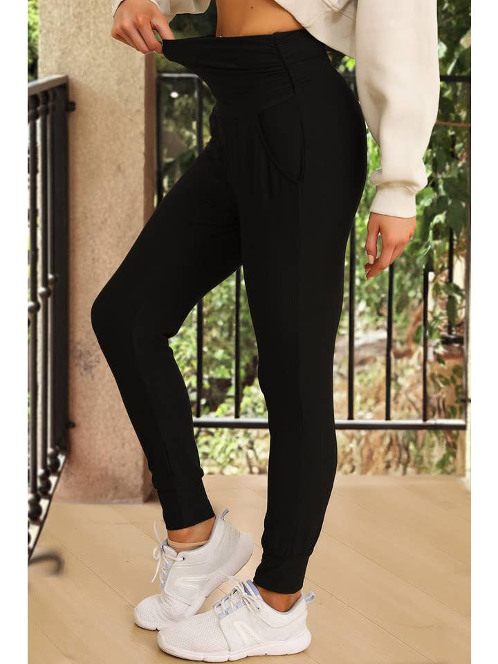 Black High Waist Pleated Pocket Leggings for wholesale on Faire
