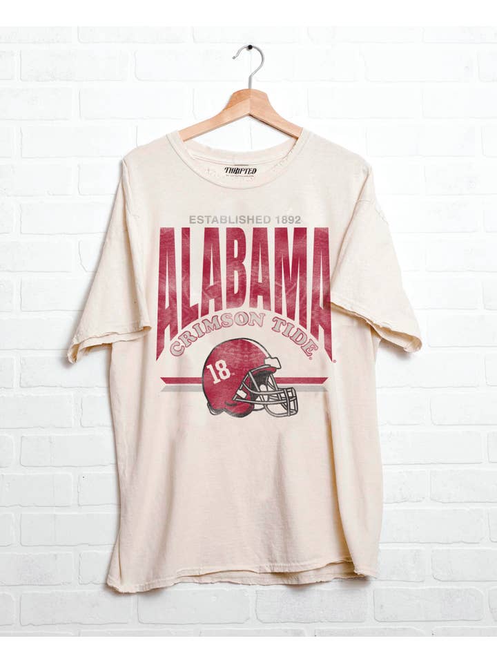 LivyLu - Wholesale Screen Printed T-Shirt - Unisex - Bama Crimson Tide Established Helmet Off White Thrifted Tee3