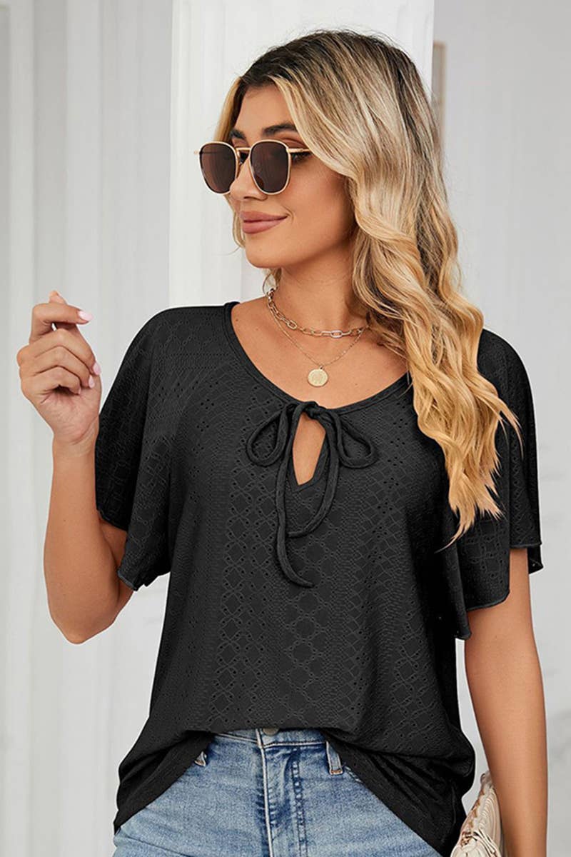 Lily Clothing - Wholesale Blouse - Women's - CWTTS0472_V NECK PUNCHING LACE UP RUFFLE LOOSE TOP6