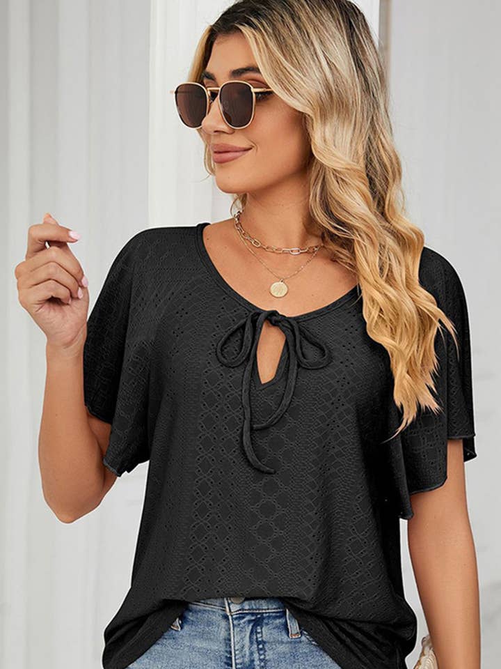 Lily Clothing - Wholesale Blouse - Women's - CWTTS0472_V NECK PUNCHING LACE UP RUFFLE LOOSE TOP6