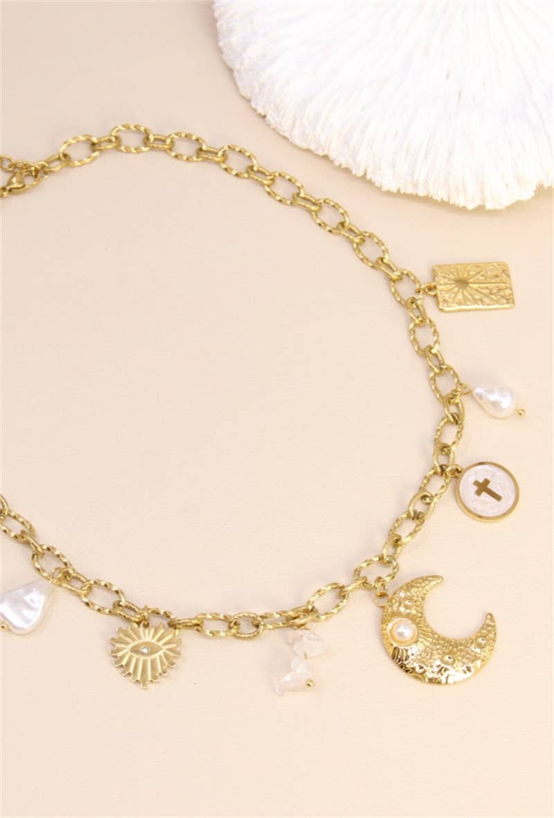 Verguld Gouden Maan Charms Ketting – Roestvrij Staal & Parels voor groothandel op Faire2