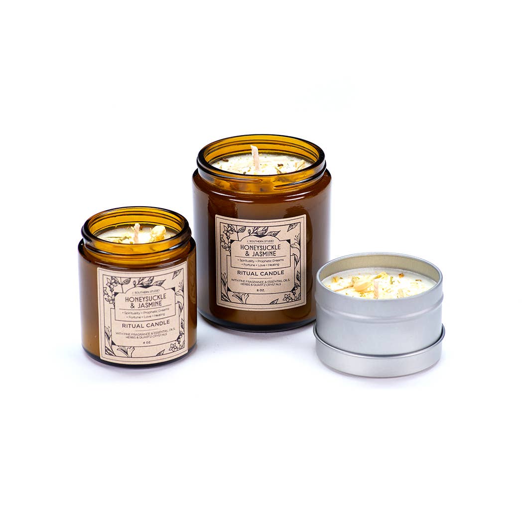J. Southern Studio - Wholesale Travel Candles - Travel Tin Honeysuckle & Jasmine Ritual Candle with crystals and essential oils- 4 oz.2