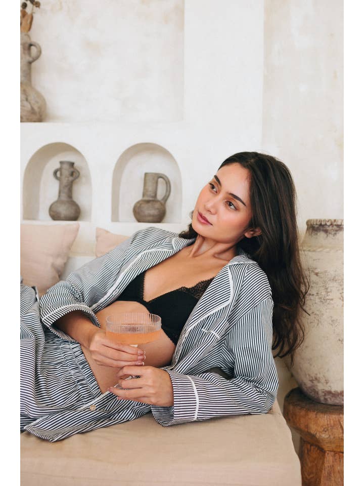 Me+Lia - Wholesale Sleepwear Set - Women's - Cecile Pyjama PJs Long Set - Navy Pinstripe1