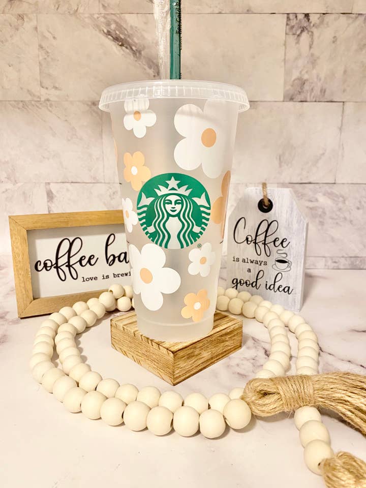 Peach Retro Daisy Starbucks Venti Cold Cup for wholesale by Designs by LDF