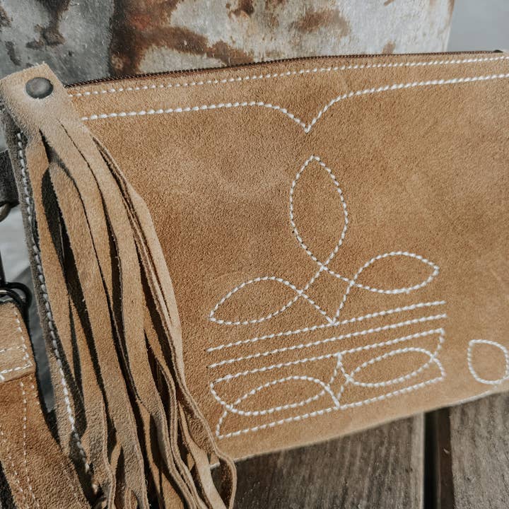 Texas Western Cowhide Bags and More - Wholesale Crossbody Bag - Women's - Boot Stitch Suede Leather Purse with Wristlet5