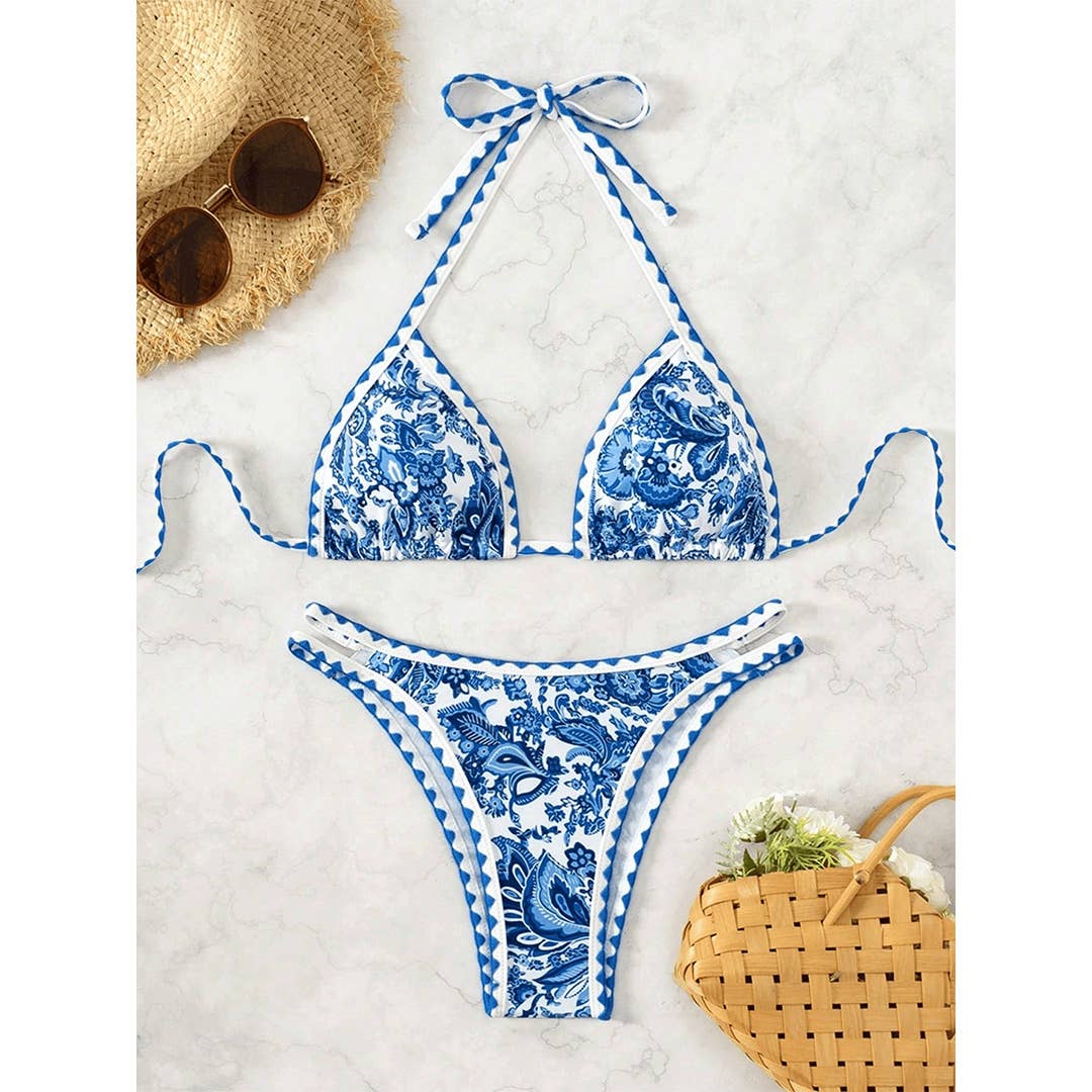 UNISHE - Wholesale Two Piece Swimsuit - Women's - Printed Halter Neck Sexy Bikini Swimsuit Set ZK30725