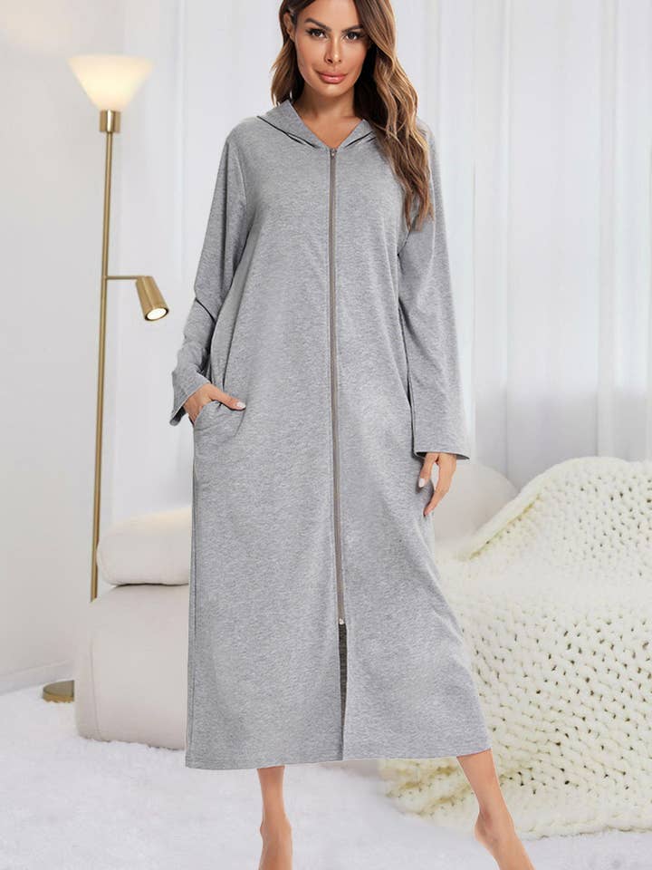 Queenado – wholesale Dress – Women's – Zip Front Hooded Night Dress with Pockets