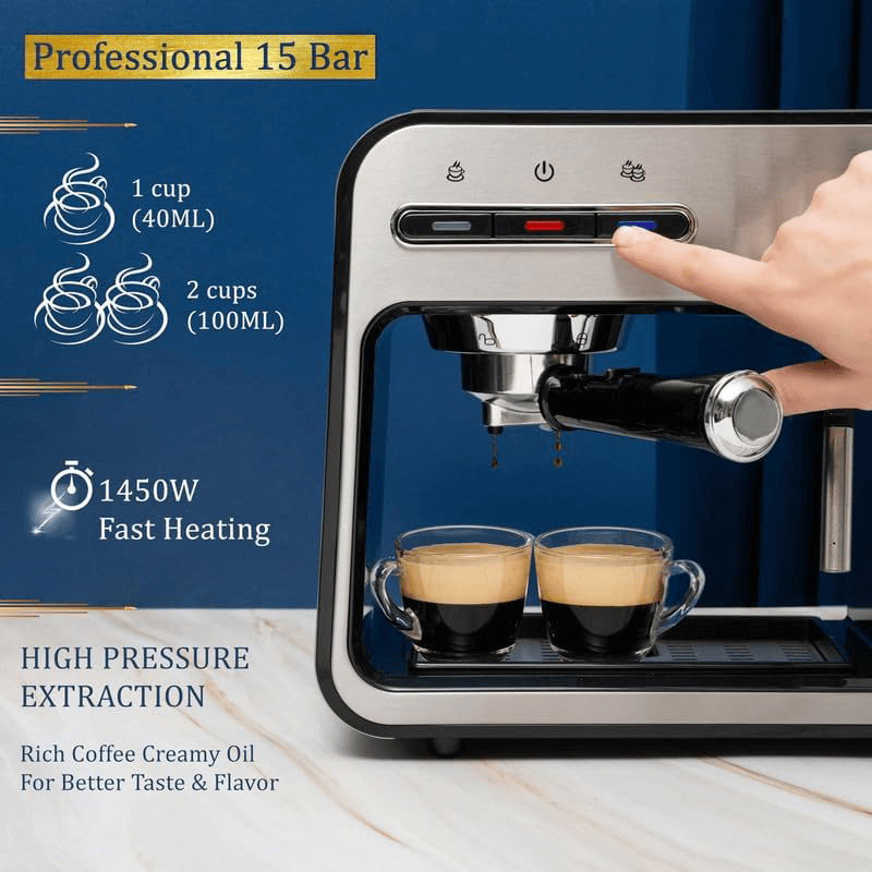 Mixpresso - Wholesale Espresso Maker - Mixpresso Professional Espresso Machine for Home 15 Bar with Milk Frother Steam Wand, Espresso Maker with Double-Cup Splitter, 1450w Fast Heating Cappuccino & Latte machine 37Oz Water Tank3