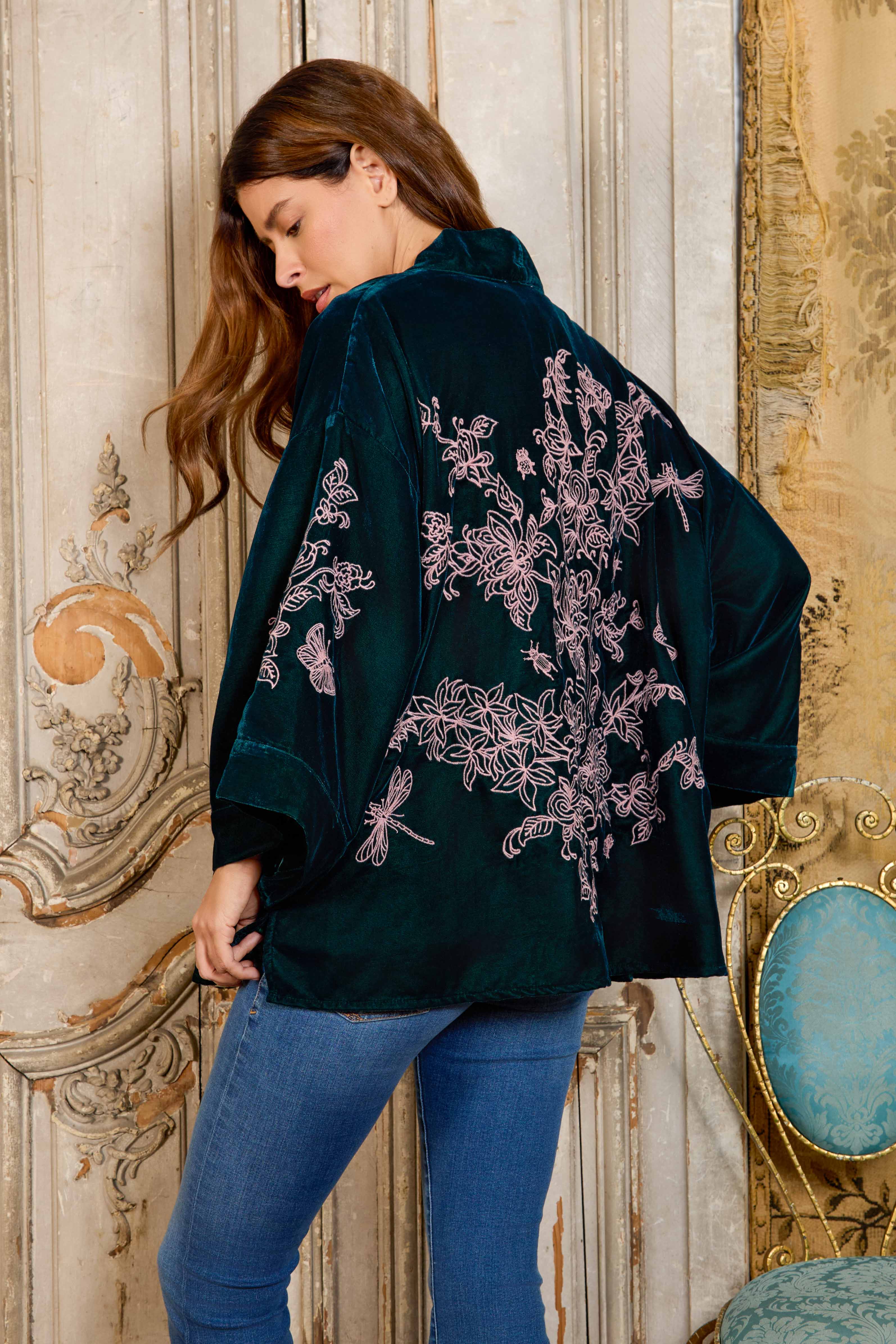 Artemis Muse - Wholesale Kimono - Women's - Wild Flowers & Butterflies Teal & Pink Velvet Embroidered Short Kimono6