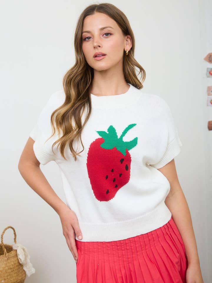 STRAWBERRY MOTIF SHORT SLEEVE KNIT PULLOVER for wholesale by Blu Pepper