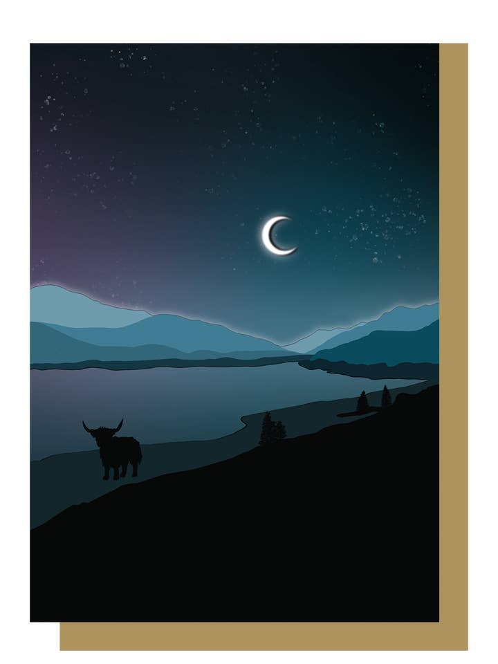 Biglietto di auguri Highland Cow Loch Cluanie, Scozia per la vendita all'ingrosso da parte di Wayward