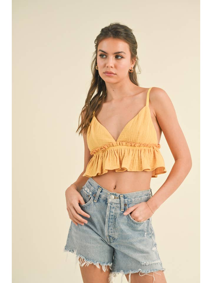 Klesis - Wholesale Blouse - Women's - IT3572 SPAGHETTI STRAP RUFFLED CROP TOP