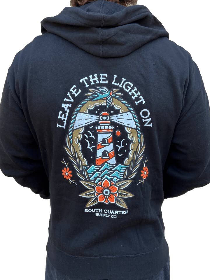 South Quarter Leave The Light On Zip Up Black Hoodie for wholesale by Long Island Strong