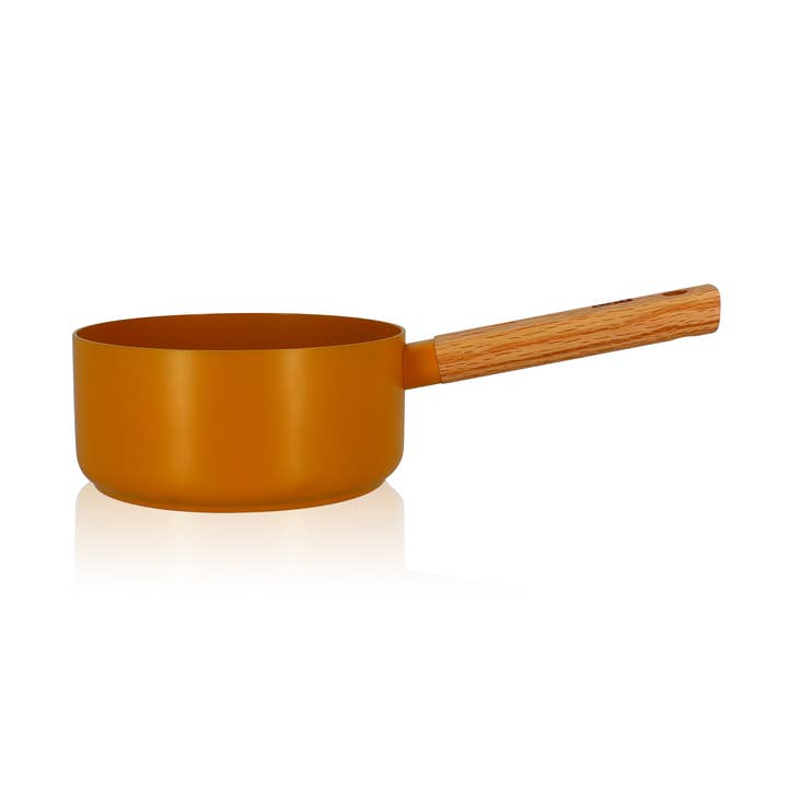 18cm vector saucepan in yellow aluminum with wooden handle for wholesale by Ogo living