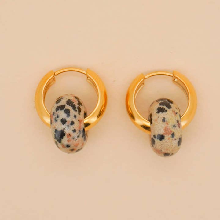 Stone Hoop Earrings in Dalmatian Jasper for wholesale by Paulina Otero