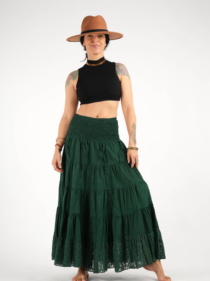 Organic Cotton Boho Maxi Skirt: Adjustable Length, Lace for wholesale by Humanity Centred Designs