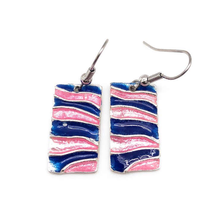 Pewter Earrings with Color Enamel - Cobalt/Pink Rectangles for wholesale by Anju Jewelry