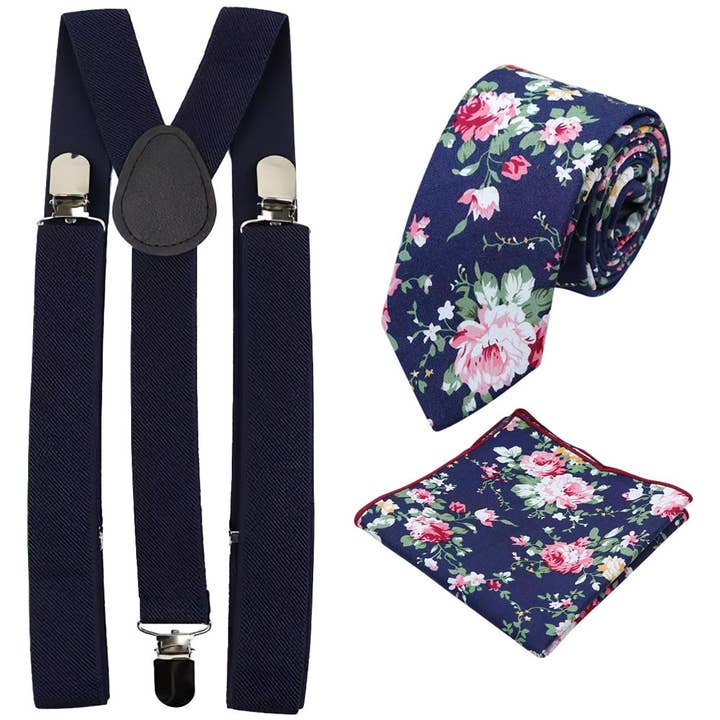 Millie Navy Blue Floral Cotton Skinny Tie & Pocket Square with Navy Blue Plain Adult Braces Set for wholesale by Dickie Bow