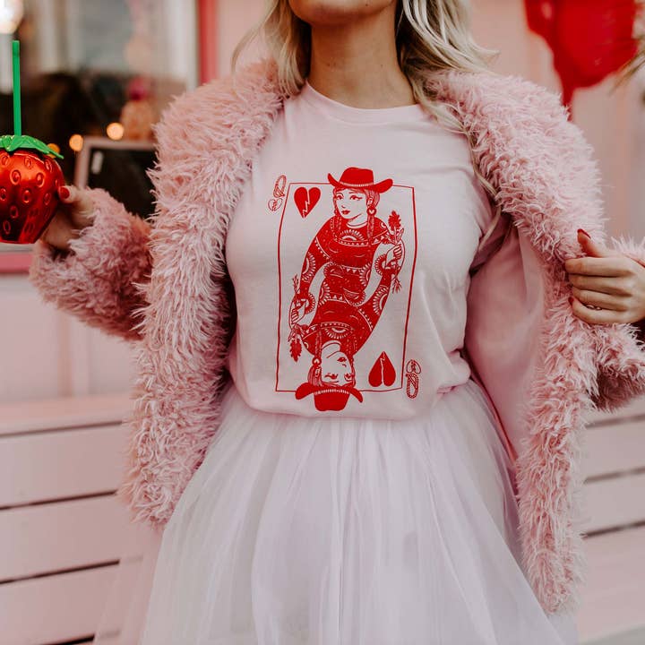 Mugsby - Wholesale Screen Printed T-Shirt - Women's - Queen of Hearts Pink Shirt, Valentine's Shirt