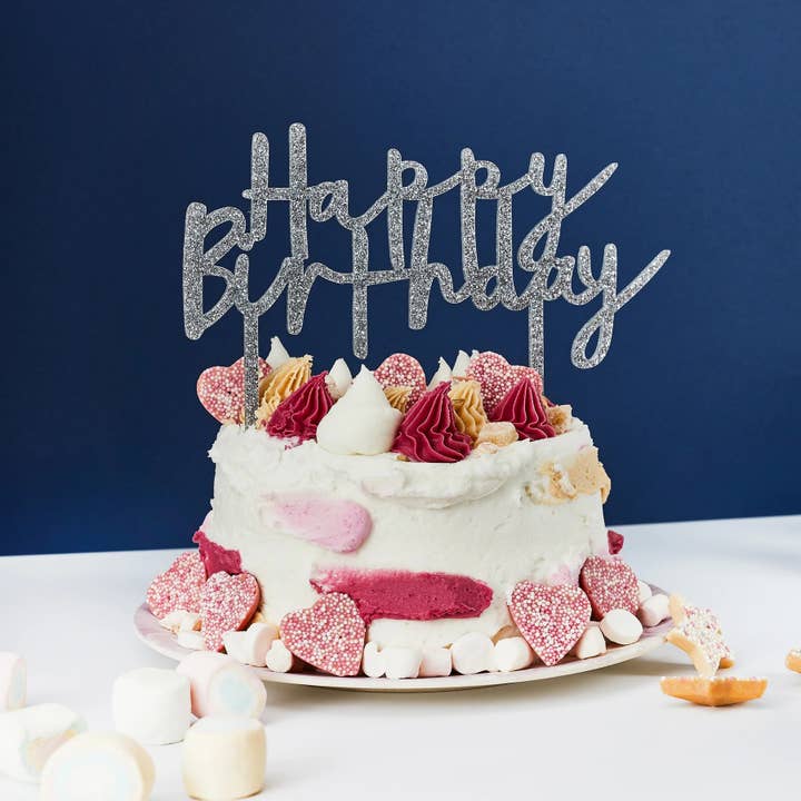 Hootyballoo by Club Green - Wholesale Cake/Cupcake Topper - Silver 'Happy Birthday' Acrylic Cake Topper