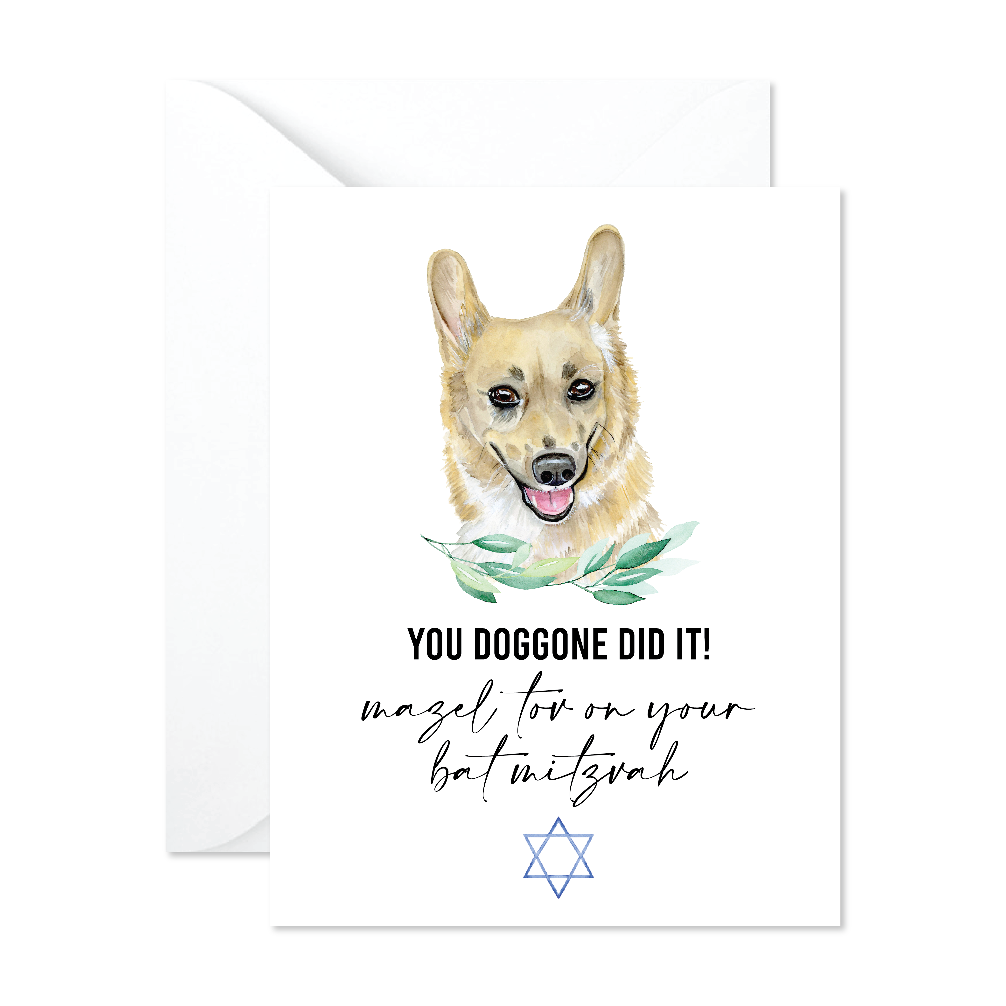 Slate + Brush Design Studio - Venta al por mayor Tarjetas de bar mitzvá o bat mitzvá - Tarjeta de bar y bat mitzvah de Corgi, tarjetas judías, mitzvá para perros0