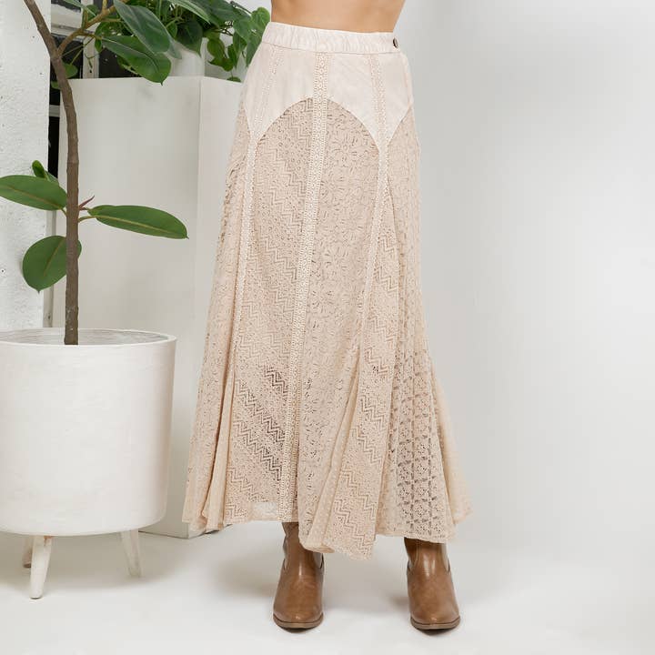 Boho Bias-Cut Prairie Maxi Skirt in Denim Lace & Print for wholesale by Young Threads