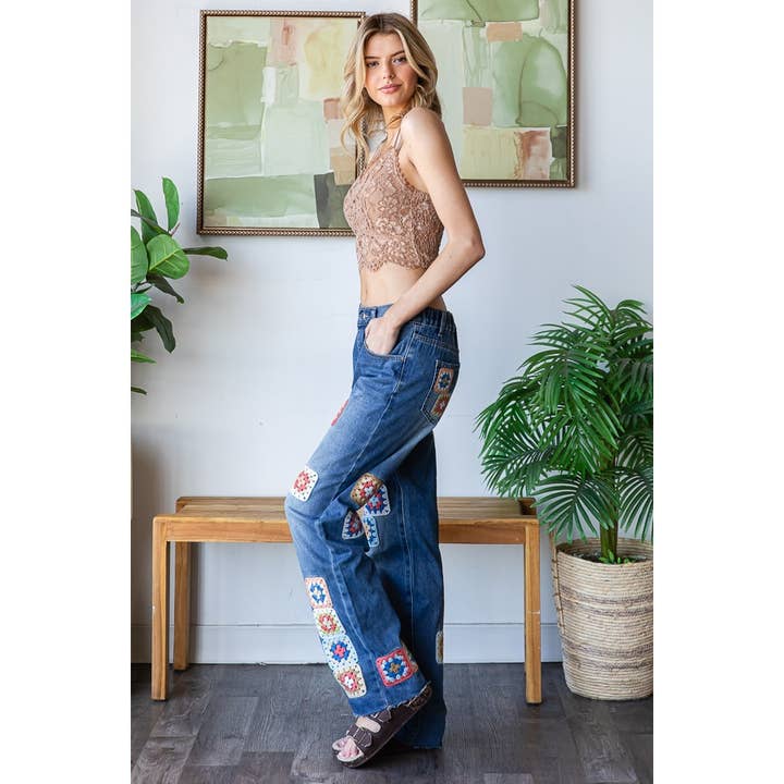 WASHED SQUARE CROCHET PATCHWORK DENIM JEANS for wholesale on Faire