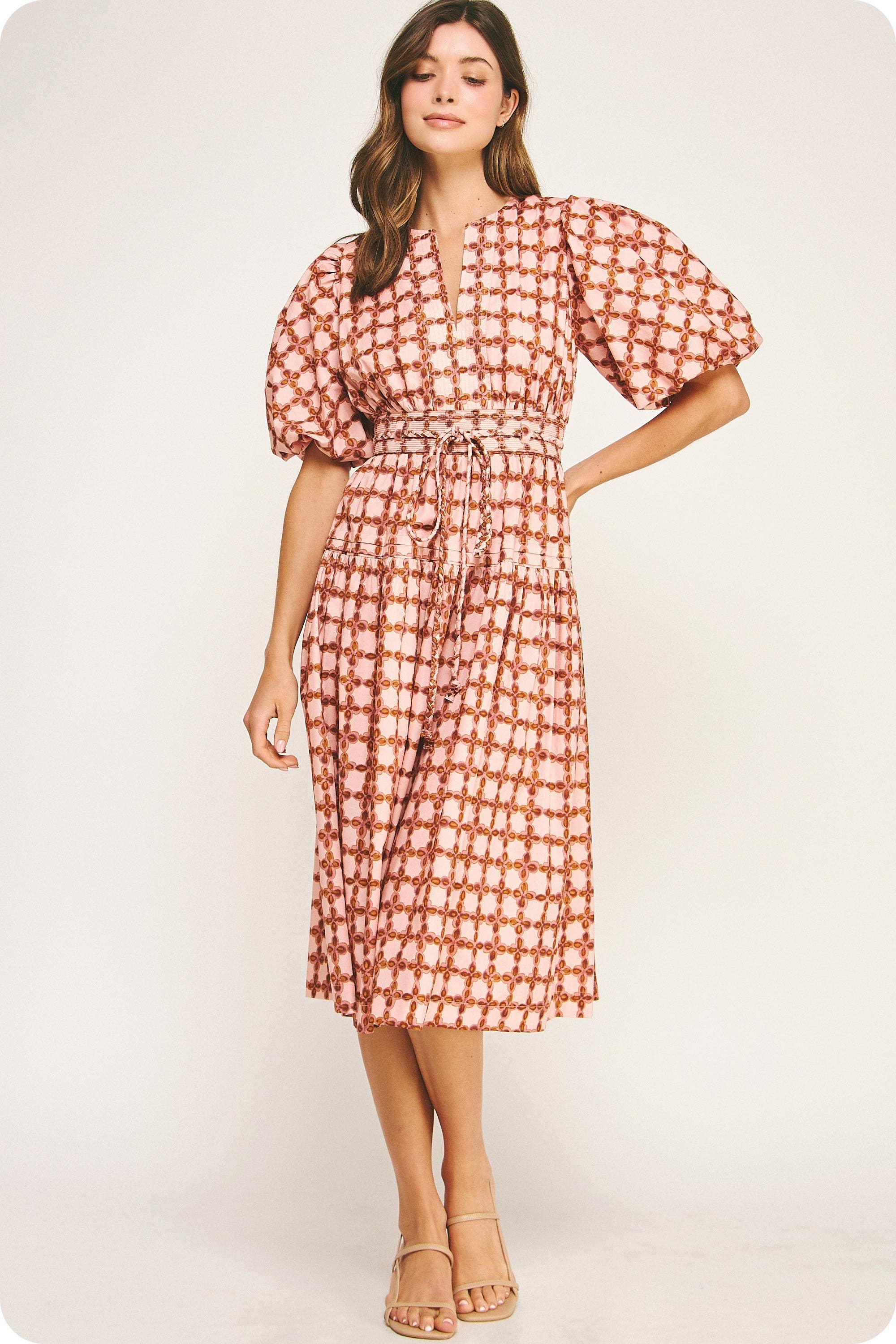 Multi Abito midi con maniche a sbuffo stampato Chainlink in vendita all'ingrosso su Faire9