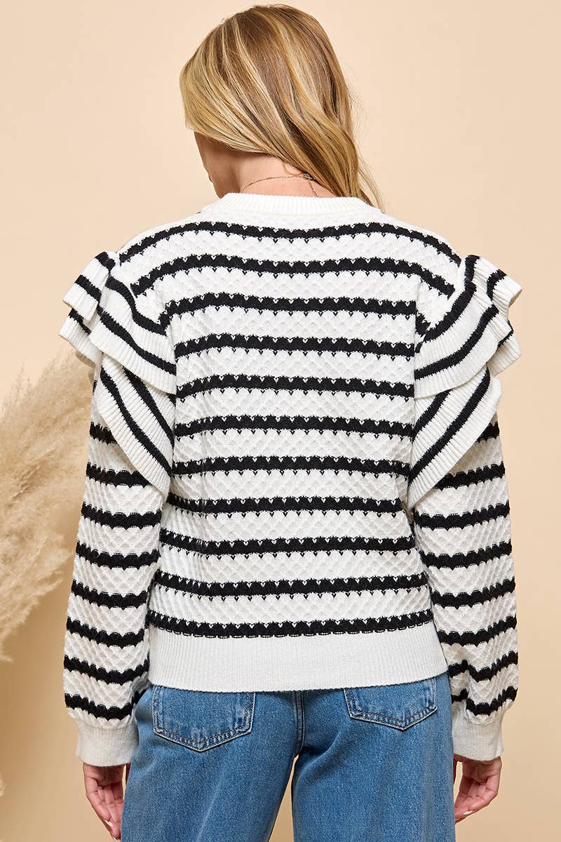 Schwarz/Weiss Gestreifter Pullover mit Rüschenbesatz  für den Großhandel auf Faire11