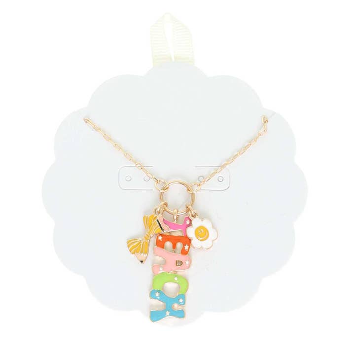 SP Sophia Collection - Wholesale Pendant/Charm Necklace - Colorful “TEACH” Letter Necklace with Bow and Flower Charms1