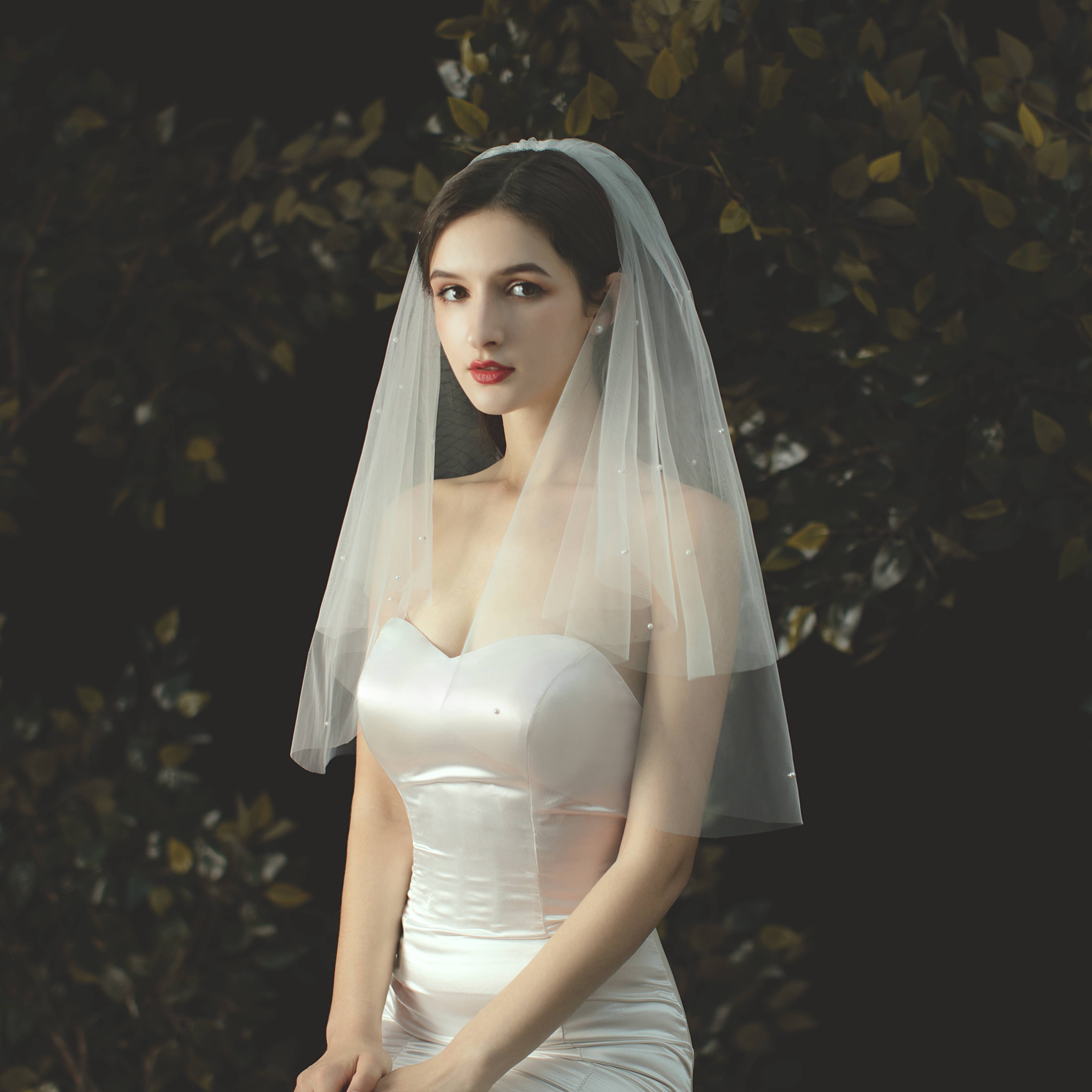 Floris Linens - Wholesale Veil - Women's - Two-Tiered Sheer Bridal Wedding Veil with Scattered Pearls1