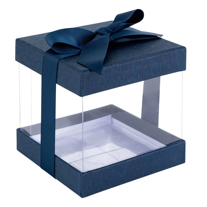 Clear Gift Boxes 6 Pack Bakery With Base Lid & Ribbon Navy for wholesale by Hammont