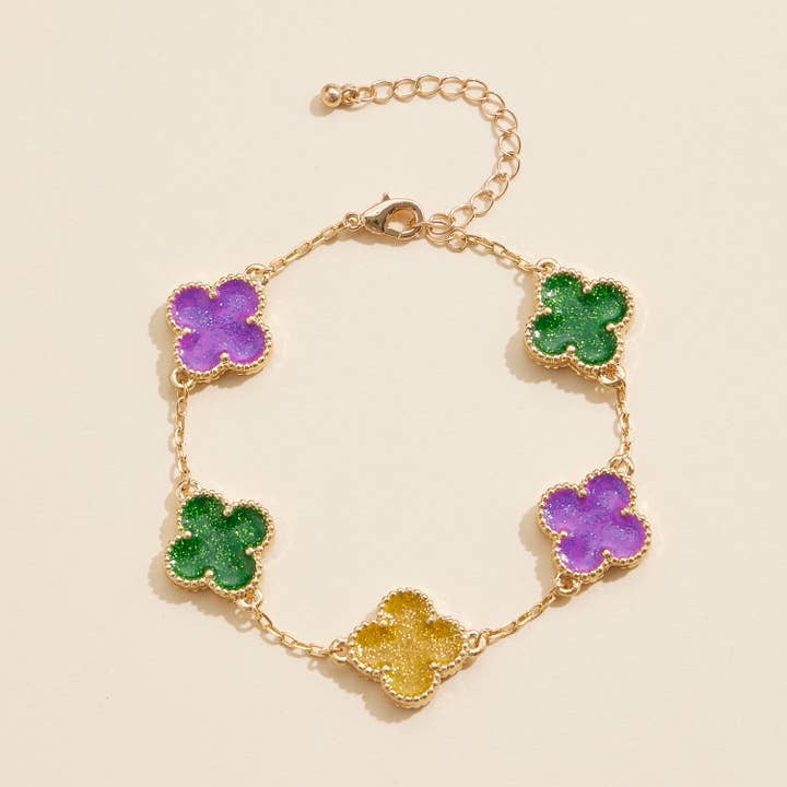 Frem - Wholesale Charm/dangle bracelet - Mardi Gras Floral Link Bracelet with Colorful Charms Festive Jewelry1