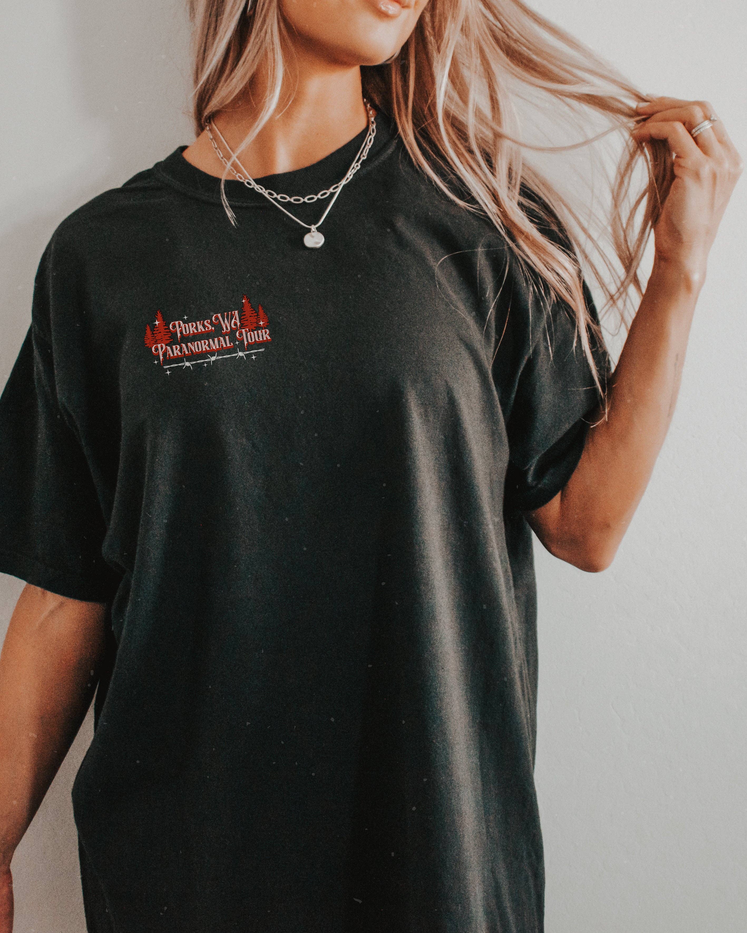Black Twilight Forks, WA Paranormal Tour Band Tee for wholesale on Faire1