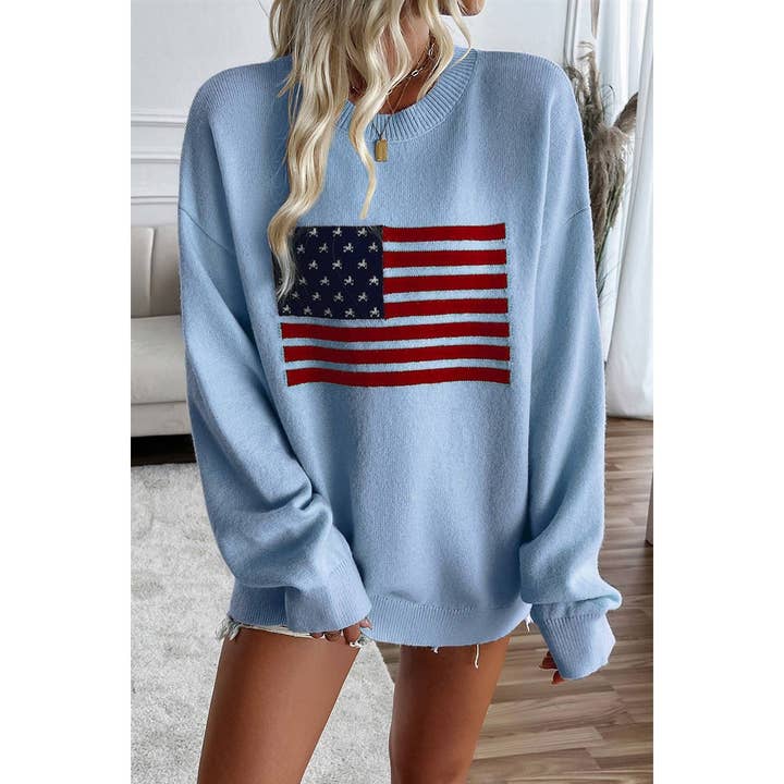 Olivetree Flourishing - Wholesale Knit Sweater - Women's - Knit Round Neck Flag Print Loose Fit Sweater 2T1959M
