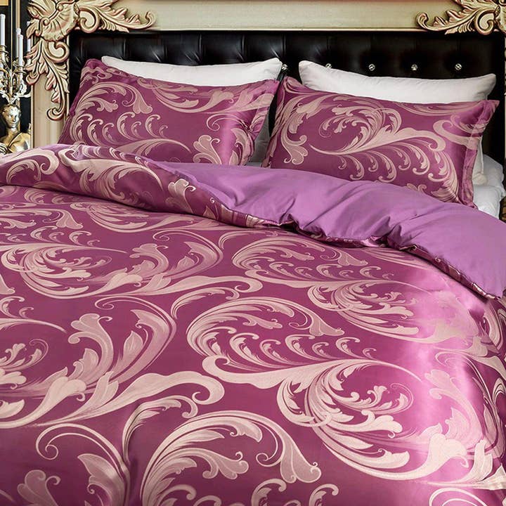 Parure de lit de luxe rose rouge en tissu jacquard soyeux, parure de lit damassée, literie de créateur, couette esthétique King Queen Full Twin pour la vente par daintyduvet