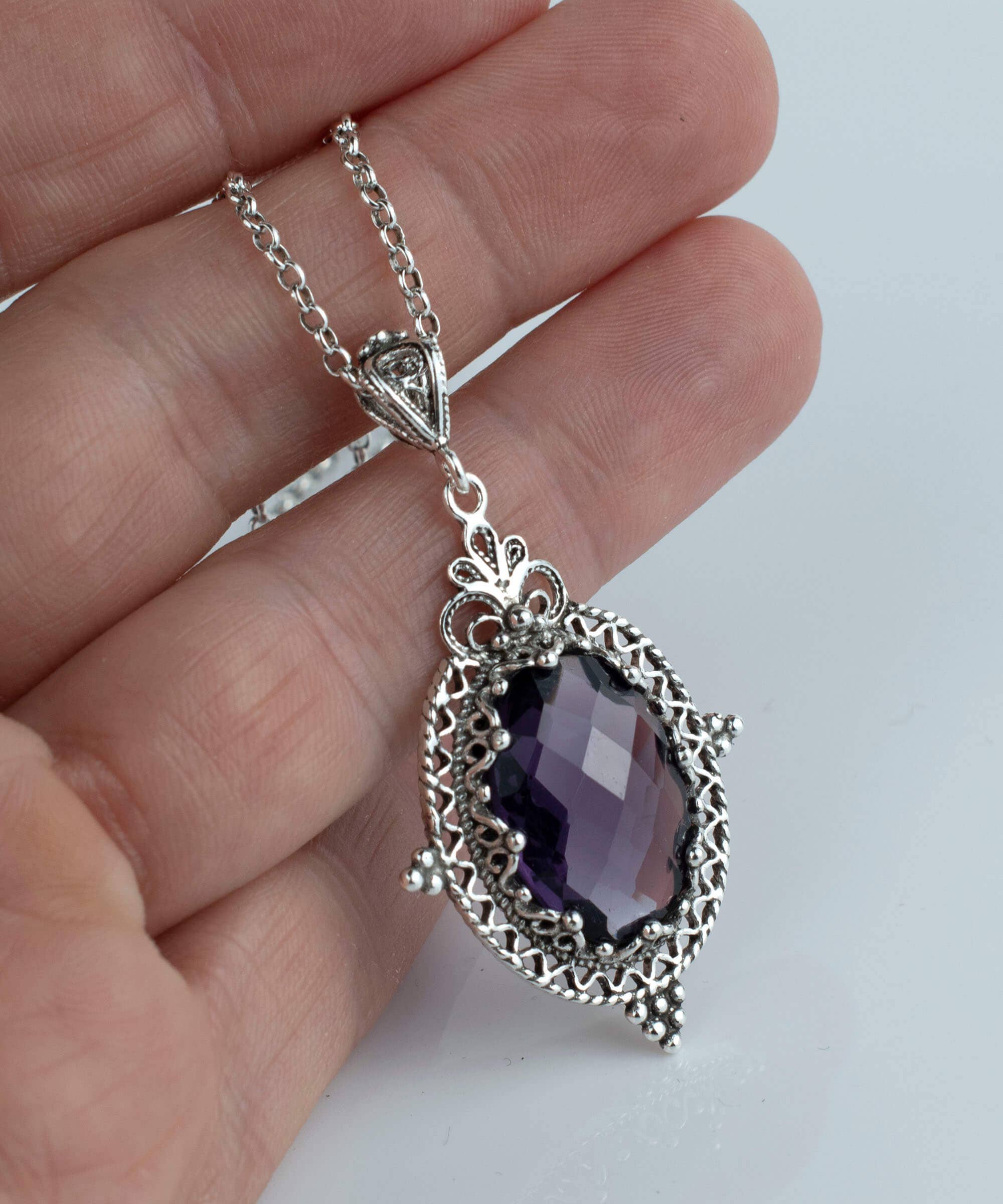 Filigranist Jewelry - Wholesale Pendant/Charm Necklace - Sterling Silver Filigree Art Amethyst Gemstone Women Oval Pendant Necklace3