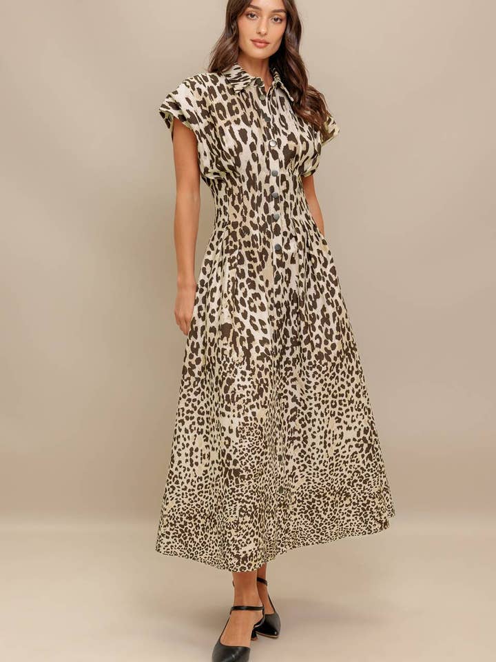 PL8217 - ROBE MIDI TISSÉE À IMPRIMÉ LÉOPARD pour la vente par Peace Love Line