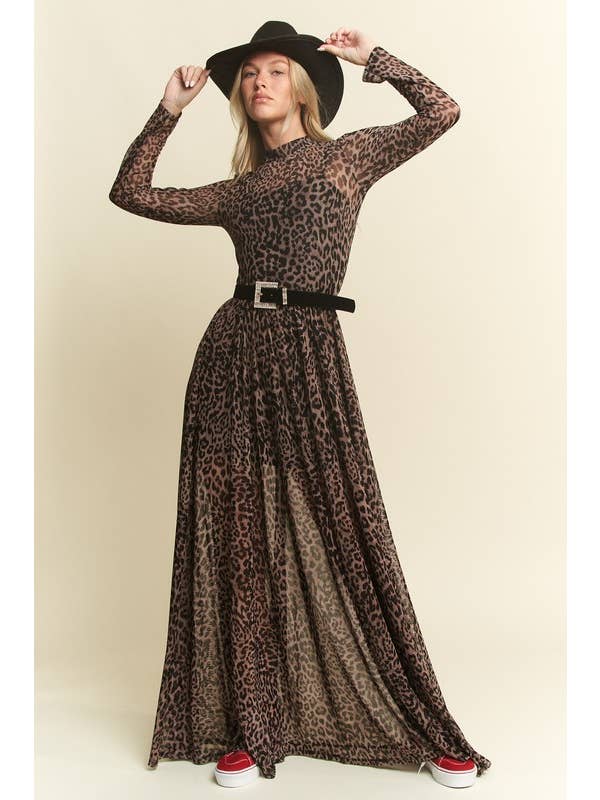 Black LONG SLEEVE MOCK NECK ANIMAL PRINT MESH MAXI DRESS KRD4340-4 for wholesale on Faire