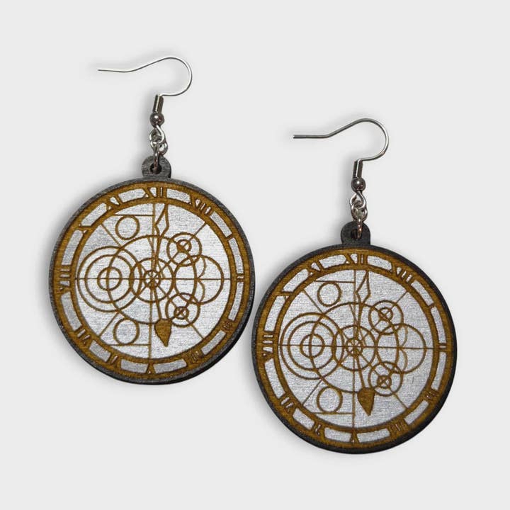 Oz Time Dragon Clock Hand Painted Wood Earring for wholesale by Moon Child Trinkets