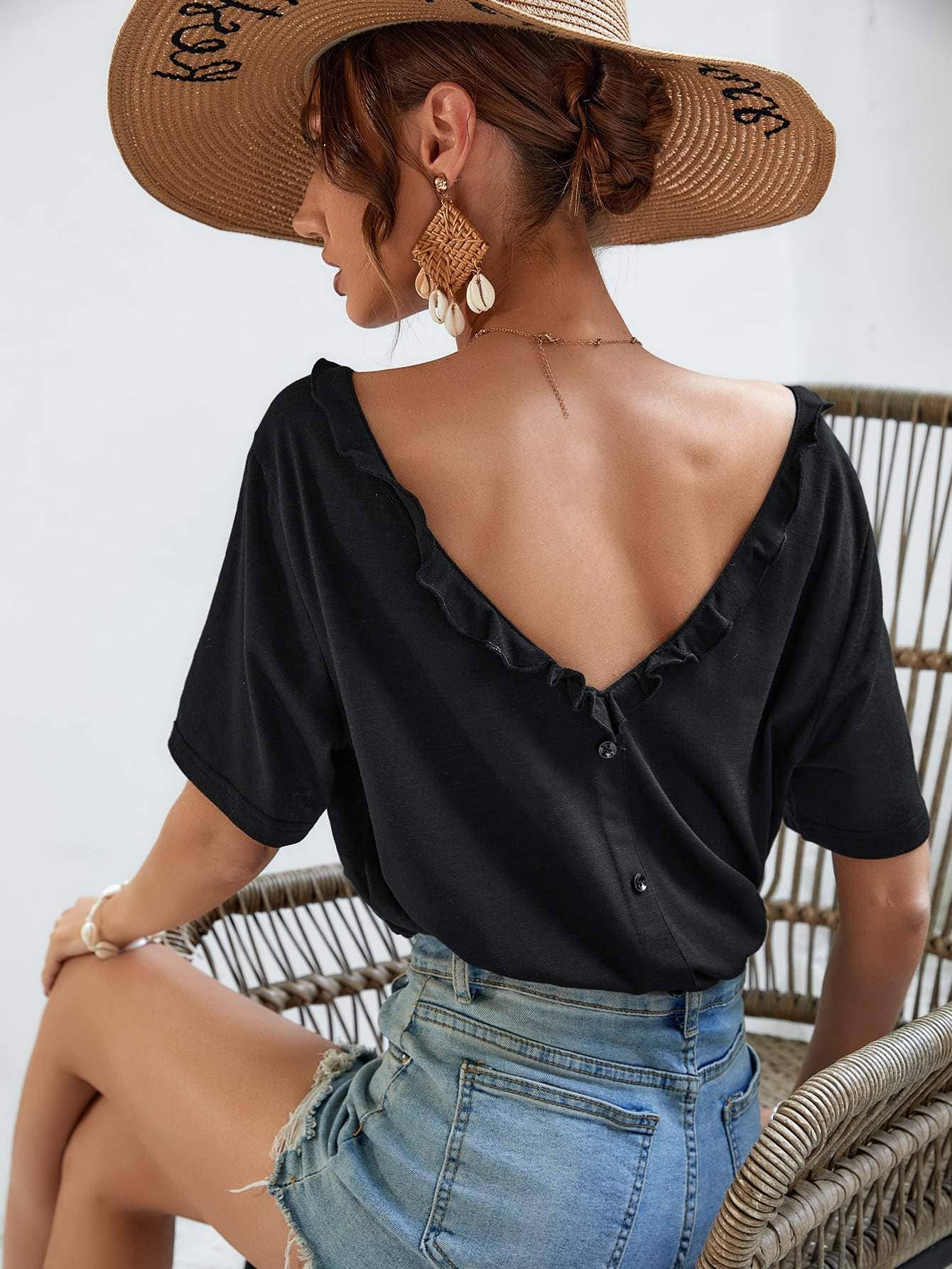 Flarix - Wholesale Blouse - Women's - frenchy fake button ruffle trim v back tee1