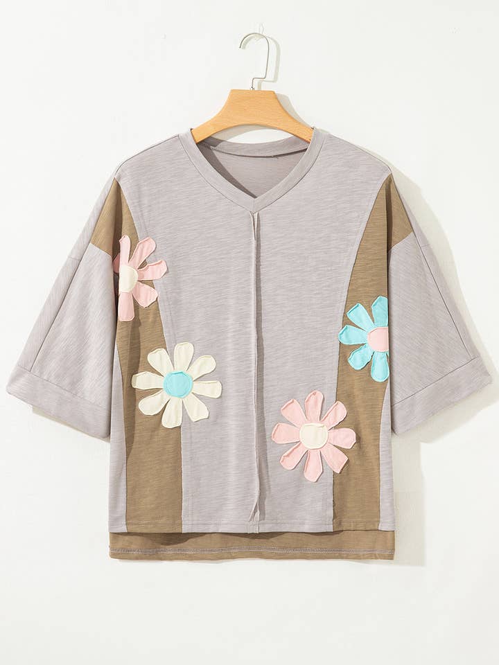 LALA LOO - Wholesale T-Shirt - Women's - LALALOO Flower Patchwork 3/4 Sleeve Oversized T-Shirt9