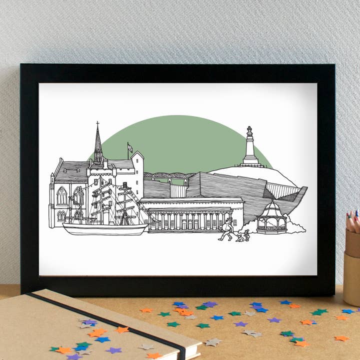 Impression artistique des monuments de Dundee Skyline, sans cadre pour la vente par Becka Griffin Illustration